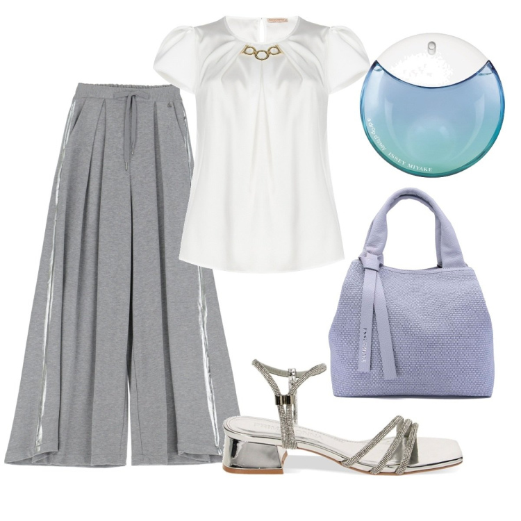 Outfit donna - Ocean. Stile Glamour per Serata fuori. Abbinamento con profumi, bluse, pantaloni a palazzo, sandali gioiello, borse a mano.