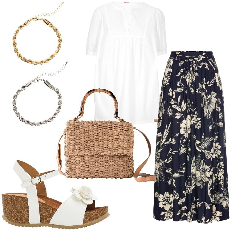 Outfit donna - Un\'estate leggera by bonprix. Stile Romantica per Tutti i giorni. Abbinamento con gonne lunghe, bluse, sandali, braccialetti, borse a mano.