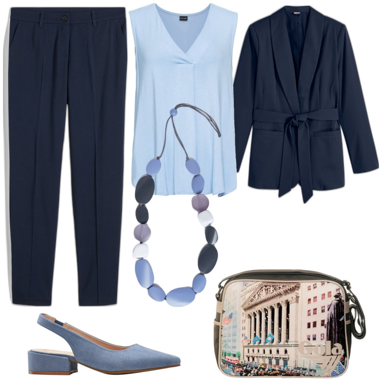 Outfit donna - Stile e comfort. Stile Bon Ton per Tutti i giorni. Abbinamento con pantaloni, décolleté, top, blazer, borse a spalla, collane.