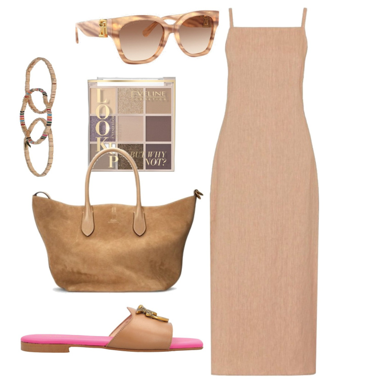 Outfit donna - Linea essenziale. Stile Casual chic per Mare. Abbinamento con braccialetti, ombretti, ciabatte, occhiali da sole, borse tote, vestiti lunghi.
