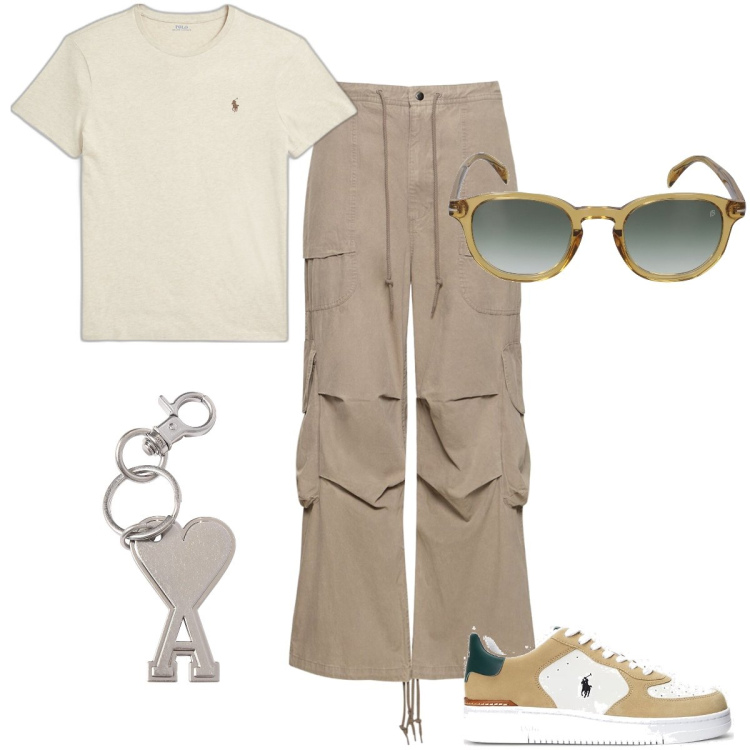 Outfit uomo - I pantaloni cargo. Stile Urban per Tutti i giorni. Abbinamento con t-shirt, sneakers, occhiali da sole, portachiavi, pantaloni cargo.