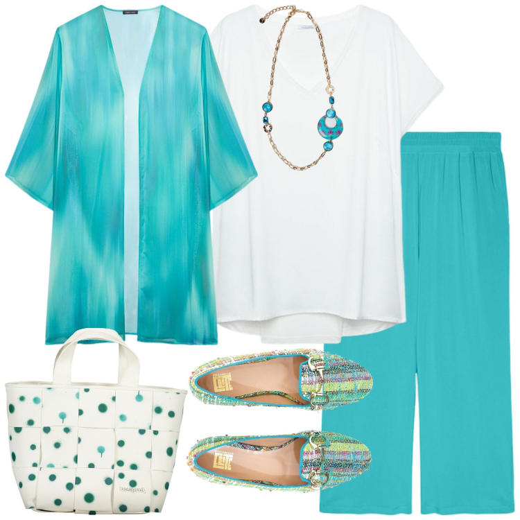 Outfit donna - Eleganza e comfort. Stile Casual chic per Serata fuori. Abbinamento con t-shirt, mocassini, caftani, pantaloni, ciondoli, borse a spalla.