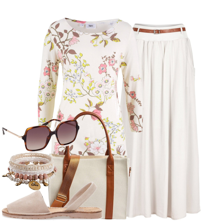 Outfit donna - City. Stile Casual chic per Tutti i giorni. Abbinamento con maglieria, braccialetti, gonne lunghe, shopping bag, occhiali da sole, sandali in pelle.