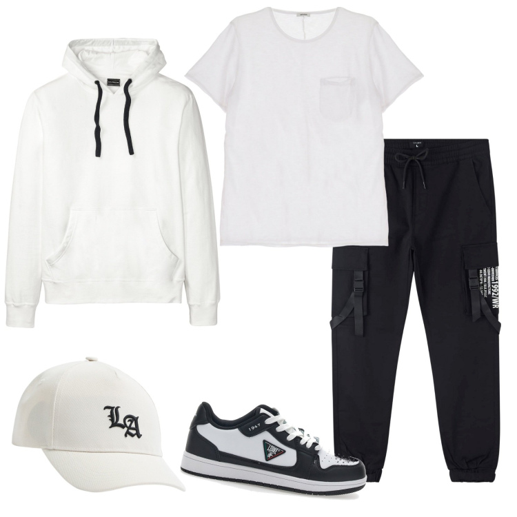 Outfit uomo - Sporty. Stile Casual per Sport. Abbinamento con felpe con cappuccio, cappelli, pantaloni cargo, t-shirt, sneakers.