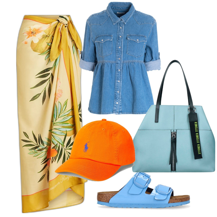 Outfit donna - Al mare. Stile Casual chic per Mare. Abbinamento con camicie, cappelli, gonne, sandali, shopping bag.