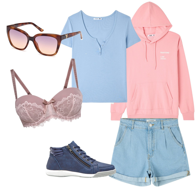 Outfit donna - Al concerto. Stile Casual per Tutti i giorni. Abbinamento con sneakers alte, reggiseni a balconcino, felpe con cappuccio, t-shirt, shorts, occhiali da sole.