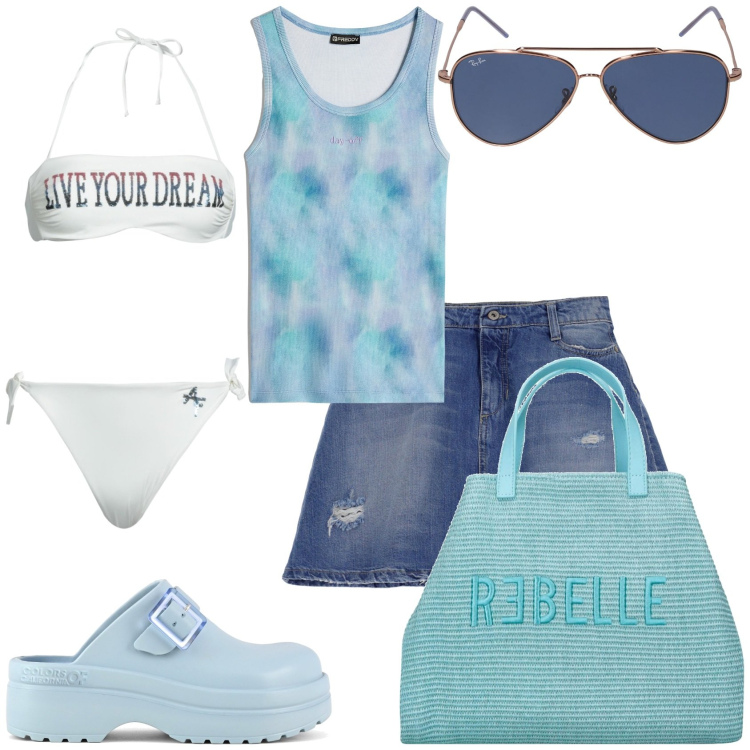 Outfit donna - Verso la spiaggia. Stile Basic per Tutti i giorni. Abbinamento con bikini, minigonne, canottiere, zoccoli, shopping bag, occhiali da sole.