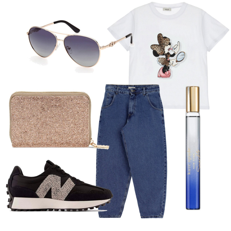 Outfit donna - In giro. Stile Urban per Tutti i giorni. Abbinamento con profumi, portafogli, jeans, t-shirt, occhiali da sole, sneakers.