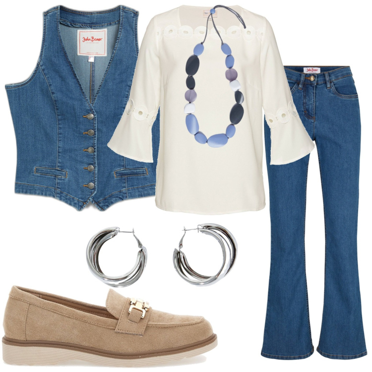 Outfit donna - Oggi mi sento libera. Stile Trendy per Tutti i giorni. Abbinamento con jeans bootcut, gilet, bluse, orecchini, collane, mocassini.