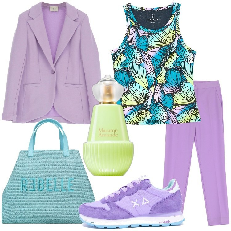 Outfit donna - Tonalità dolci e sognanti. Stile Casual chic per Tutti i giorni. Abbinamento con profumi, pantaloni, blazer, canottiere, shopping bag, sneakers.