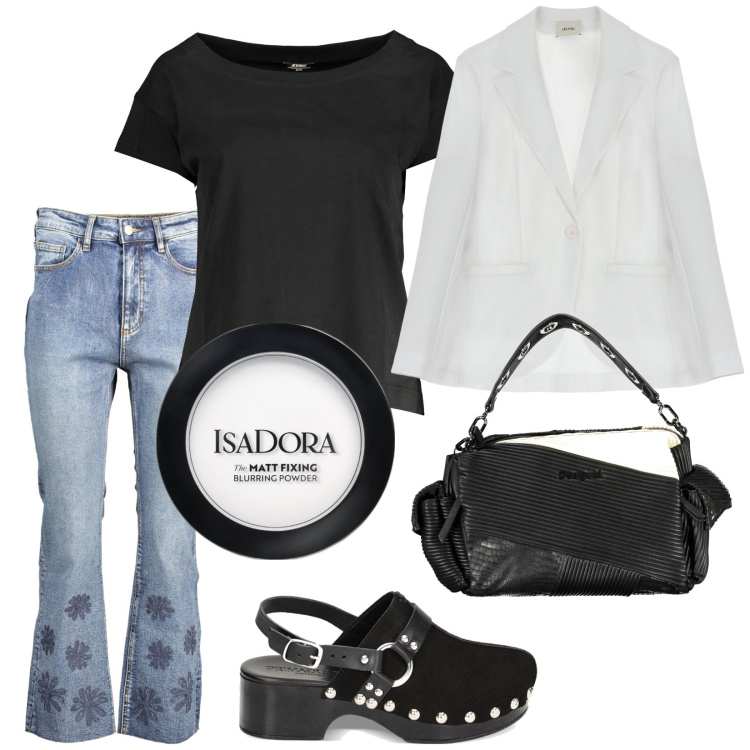 Outfit donna - Total look #1867499. Stile 70s per Tutti i giorni. Abbinamento con ciprie, zoccoli, blazer, t-shirt, jeans, collane.