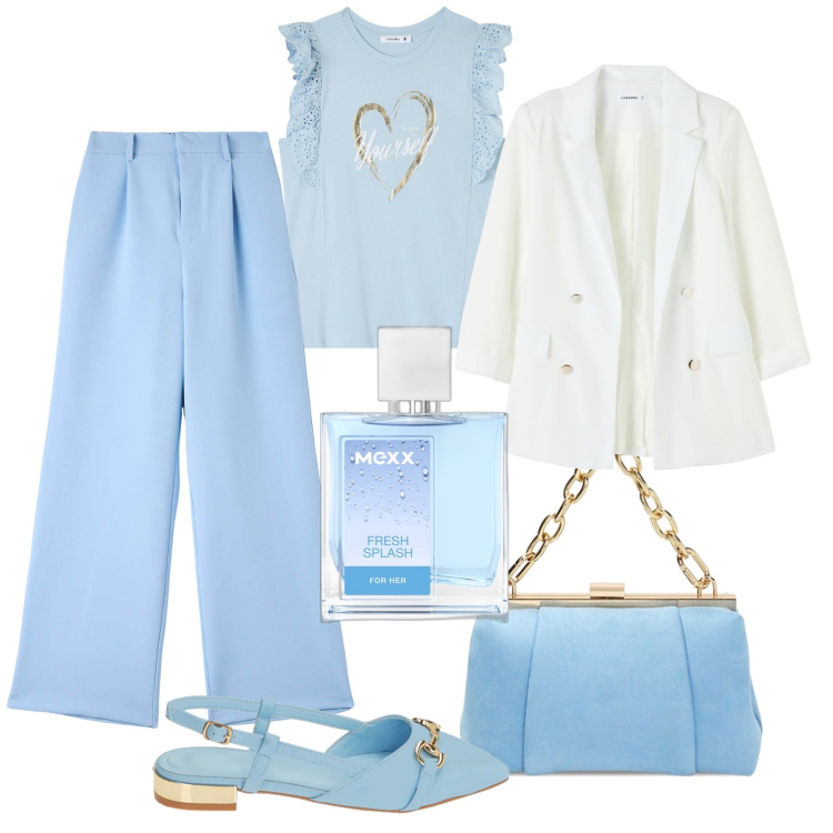 Outfit donna - Cielo in ufficio. Stile Glamour per Ufficio. Abbinamento con profumi, pantaloni, t-shirt, blazer, ballerine, borse a spalla.