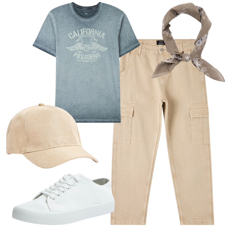 Outfit uomo - City. Stile Casual per Tutti i giorni. Abbinamento con t-shirt, sneakers, pantaloni cargo, cappelli, sciarpe e foulard.