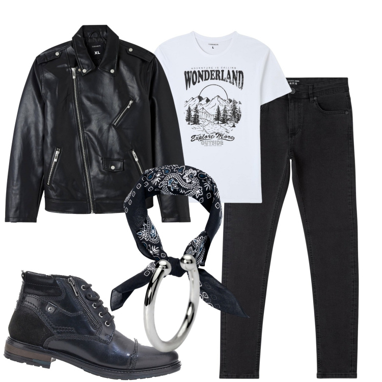 Outfit uomo - City. Stile Biker Rock per Tutti i giorni. Abbinamento con orecchini, jeans skinny, giacche, t-shirt, scarpe stringate, sciarpe e foulard.