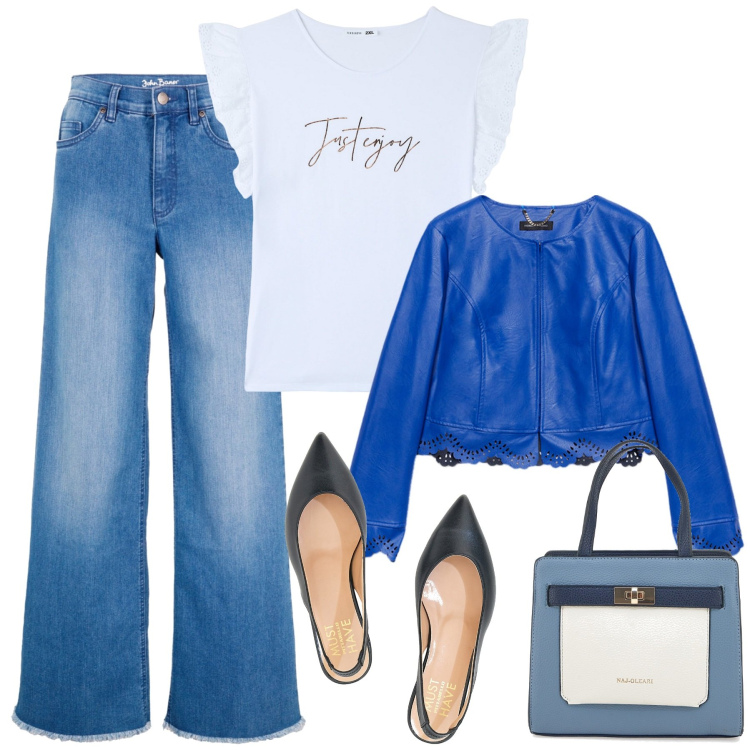 Outfit donna - Una gita in primavera. Stile Casual chic per Tutti i giorni. Abbinamento con jeans, blazer, ballerine, t-shirt, borse a mano.