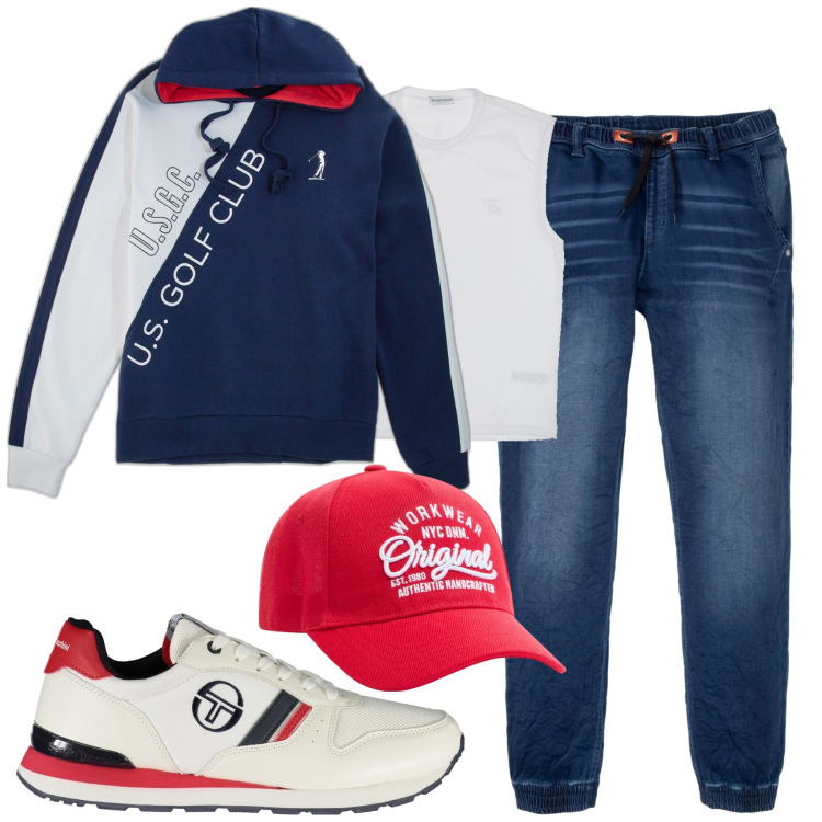 Outfit uomo - City. Stile Casual per Tutti i giorni. Abbinamento con jeans dritti, cappelli, felpe con cappuccio, scarpe sportive, t-shirt.
