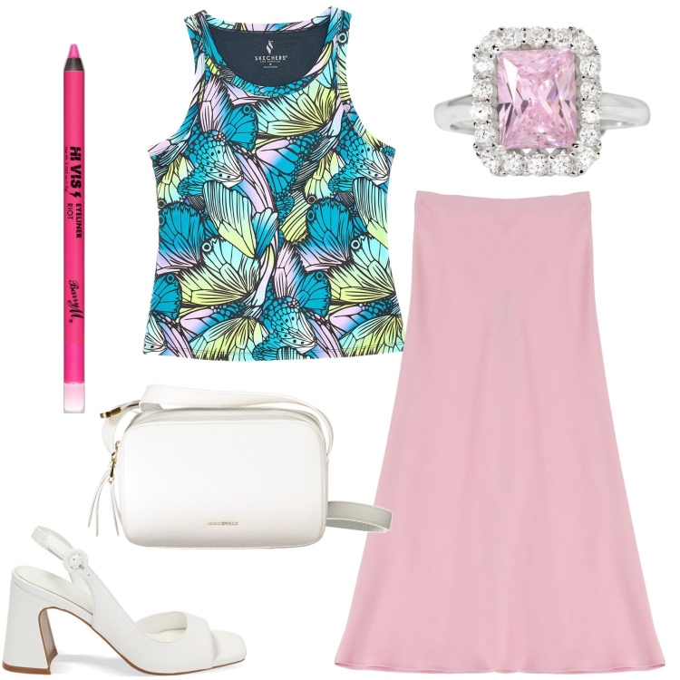 Outfit donna - Total look #1867538. Stile Bon Ton per Tutti i giorni. Abbinamento con eyeliner, anelli, gonne longuette, sandali col tacco, canottiere, borse a tracolla.