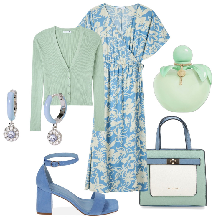 Outfit donna - Pomeriggio delicato in città. Stile Bon Ton per Tutti i giorni. Abbinamento con profumi, vestiti lunghi, cardigans, orecchini, sandali col tacco, borse a mano.