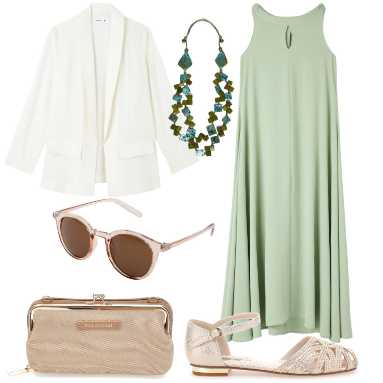 Outfit donna - Tonalità dolci e sognanti. Stile Chic per Tutti i giorni. Abbinamento con occhiali da sole, vestiti senza maniche, blazer, sandali gioiello, pochette, collane.
