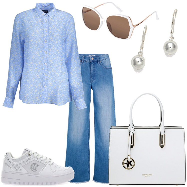 Outfit donna - In centro città per spese. Stile Casual chic per Tutti i giorni. Abbinamento con jeans, occhiali da sole, borse a mano, orecchini, camicie, sneakers.