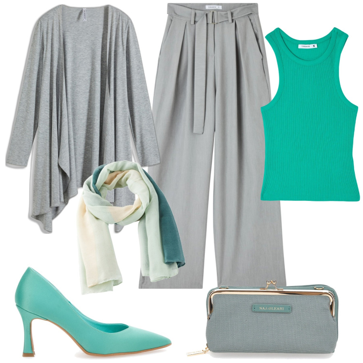 Outfit donna - Eleganza all\'aperto. Stile Casual chic per Tutti i giorni. Abbinamento con cardigans, sciarpe, canottiere, pantaloni, pochette, décolleté.