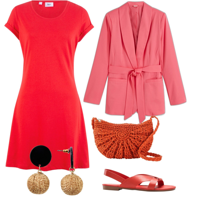 Outfit donna - Red Nuance. Stile Bon Ton per Serata fuori. Abbinamento con vestiti, orecchini, sandali, borse a tracolla, blazer.