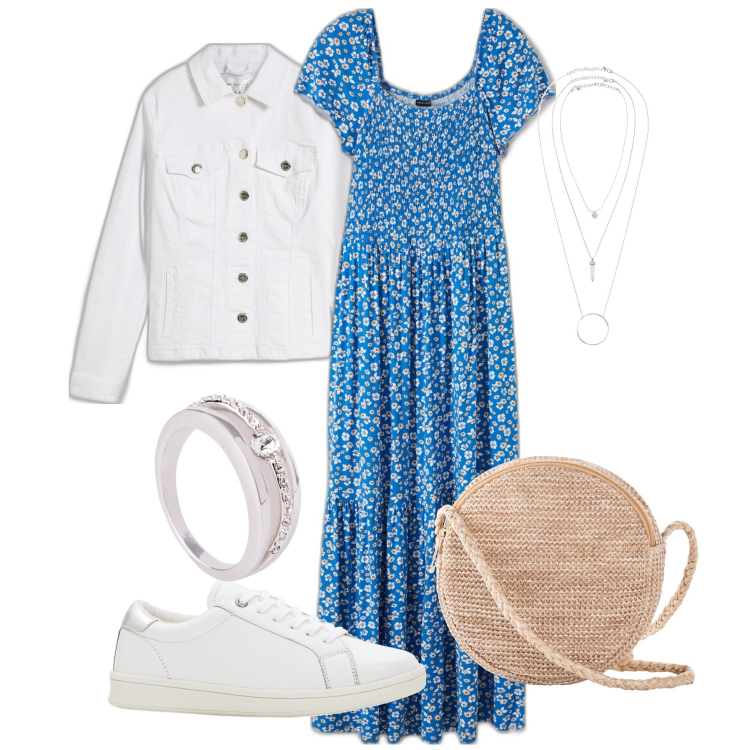Outfit donna - Che freschezza!. Stile Casual chic per Serata fuori. Abbinamento con vestiti lunghi, borse a tracolla, sneakers, anelli, ciondoli, blazer.