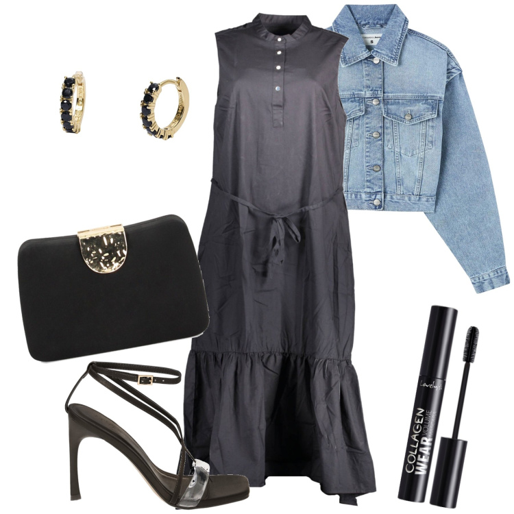 Outfit donna - Giubbino jeans glamour. Stile Glamour per Serata fuori. Abbinamento con mascara, blazer, orecchini, clutch, sandali col tacco, vestiti lunghi.