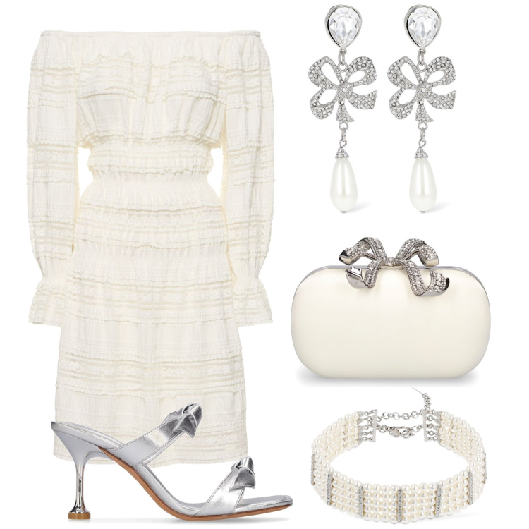 Outfit donna - Total look #1867618. Stile Glamour per Cerimonia. Abbinamento con vestiti midi/longuette, orecchini, collane, pantofole, pochette.