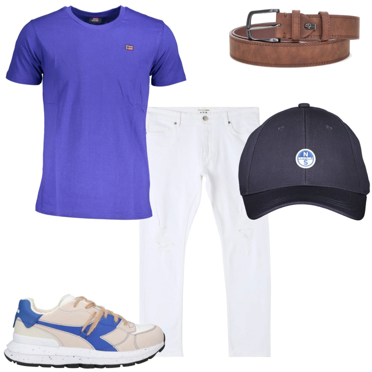 Outfit uomo - Allegro e comodo. Stile Urban per Tutti i giorni. Abbinamento con sneakers, jeans strappati, t-shirt, cinture, cappelli con visiera.