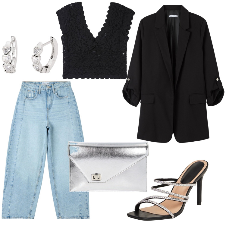 Outfit donna - Elegante anche con i jeans. Stile Casual chic per Serata fuori. Abbinamento con jeans, t-shirt, blazer, sandali col tacco, orecchini, pochette.