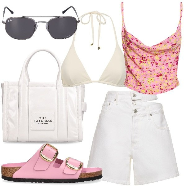 Outfit donna - LUISAVIAROMA - New season, new you!. Stile Casual chic per Mare. Abbinamento con shorts, sandali in pelle, top, shopping bag, occhiali da sole, bikini.