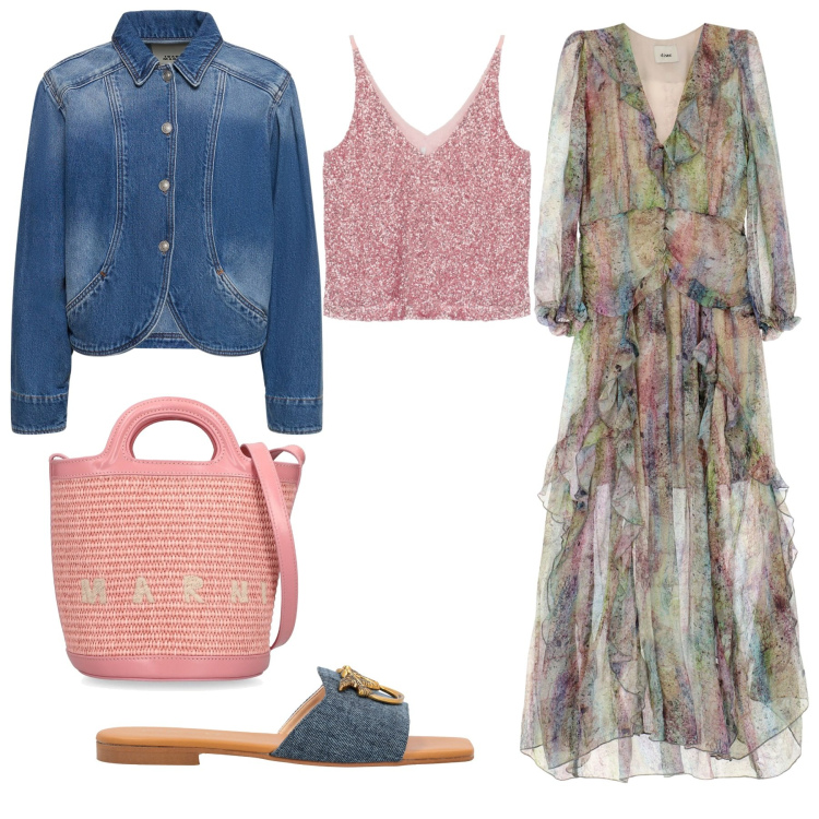 Outfit donna - Seta vs. denim 5249. Stile Romantica per Serata fuori. Abbinamento con ciabatte, top, vestiti lunghi, cappotti, borse a secchiello.