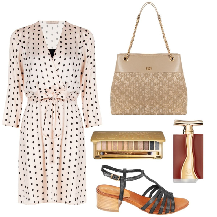 Outfit donna - Total look #1867691. Stile Bon Ton per Ufficio. Abbinamento con ombretti, profumi, vestiti corti, borse a spalla, sandali in pelle.
