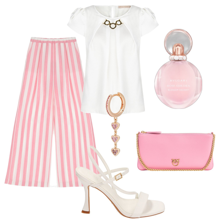 Outfit donna - Tutti in riga !. Stile Glamour per Serata fuori. Abbinamento con orecchini, profumi, borse a tracolla, bluse, pantaloni, sandali col tacco.