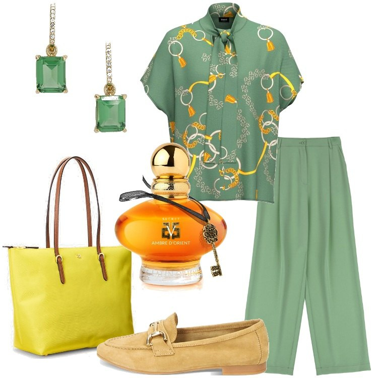 Outfit donna - Colore a maggio. Stile Basic per Ufficio. Abbinamento con profumi, mocassini, orecchini, borse tote, pantaloni, bluse.