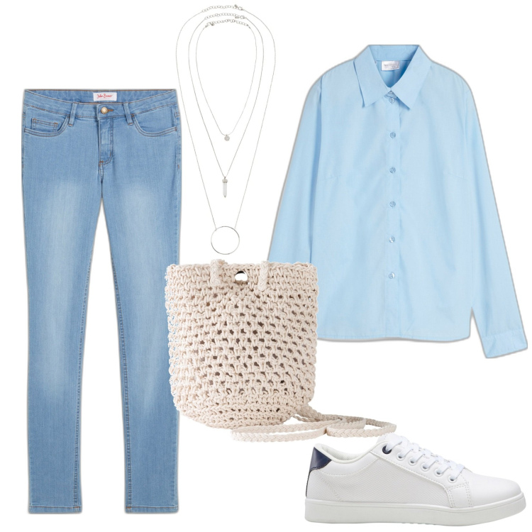 Outfit donna - Minimal in celeste e bianco. Stile Minimal per Tutti i giorni. Abbinamento con jeans skinny, ciondoli, sneakers, camicie, borse a tracolla.