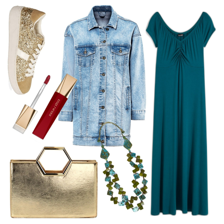 Outfit donna - Oro e petrolio. Stile Trendy per Tutti i giorni. Abbinamento con vestiti lunghi, cappotti, rossetti, borse a mano, sneakers, collane.