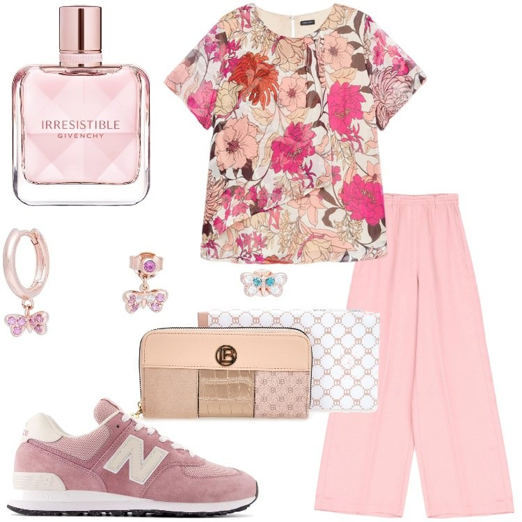 Outfit donna - Tonalità dolci e sognanti. Stile Romantica per Tutti i giorni. Abbinamento con orecchini, profumi, sneakers, pantaloni a palazzo, portafogli, bluse.