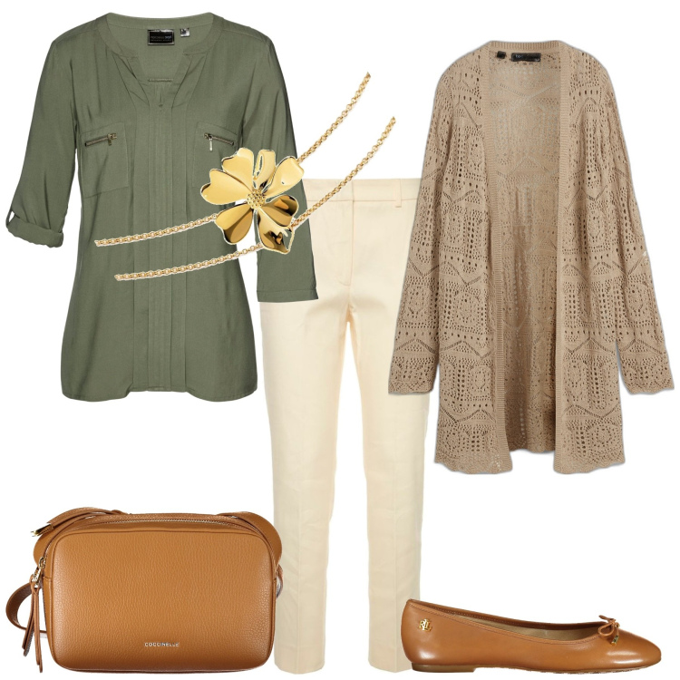 Outfit donna - Domani al lavoro. Stile Casual per Tutti i giorni. Abbinamento con cardigans, tuniche, collane, pantaloni, borse a tracolla, ballerine.
