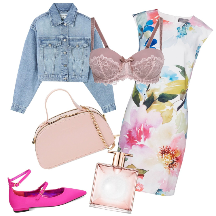 Outfit donna - Fiori per la primavera. Stile Bon Ton per Tutti i giorni. Abbinamento con vestiti a tubino, reggiseni a balconcino, profumi, blazer, ballerine, borse a mano.