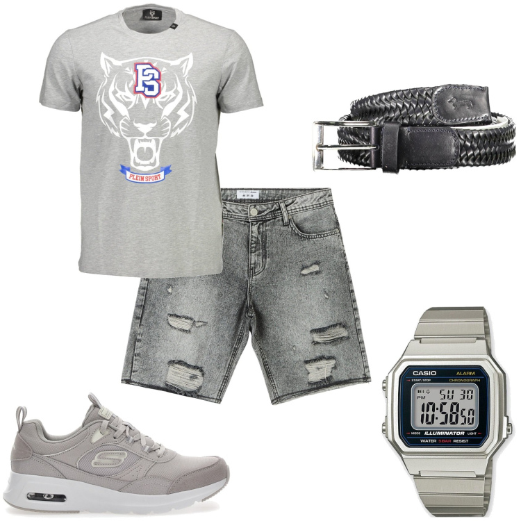 Outfit uomo - Jeans corto e maglietta. Stile Casual per Tutti i giorni. Abbinamento con orologi, shorts, t-shirt, sneakers, cinture.