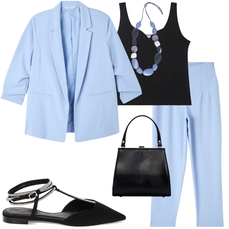 Outfit donna - Eleganza e comfort. Stile Casual chic Abbinamento con pantaloni chino, canottiere, blazer, ballerine, clutch, collane.