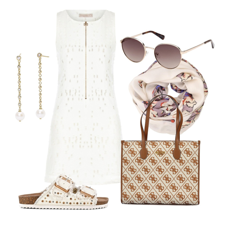 Outfit donna - Ghost outfitter - maggio. Stile Casual chic per Tutti i giorni. Abbinamento con orecchini, vestiti a tubino, sandali, occhiali da sole, borse a spalla, foulard.