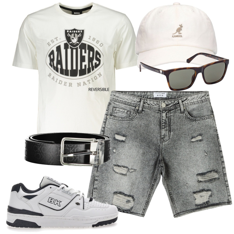 Outfit uomo - City. Stile Casual per Tutti i giorni. Abbinamento con shorts, cappelli, cinture, occhiali da sole, t-shirt, sneakers.