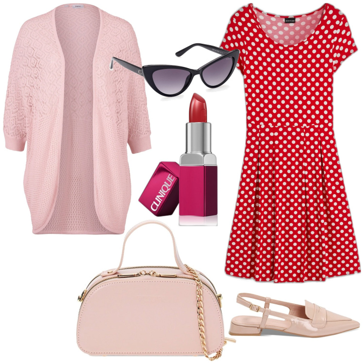 Outfit donna - Rosso e rosa 52410. Stile Bon Ton per Tutti i giorni. Abbinamento con rossetti, ballerine, borse a mano, cardigans, vestiti, occhiali da sole.
