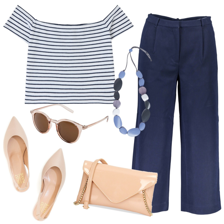 Outfit donna - Navy chic. Stile Casual chic per Tutti i giorni. Abbinamento con occhiali da sole, t-shirt, pochette, ballerine, pantaloni, collane.