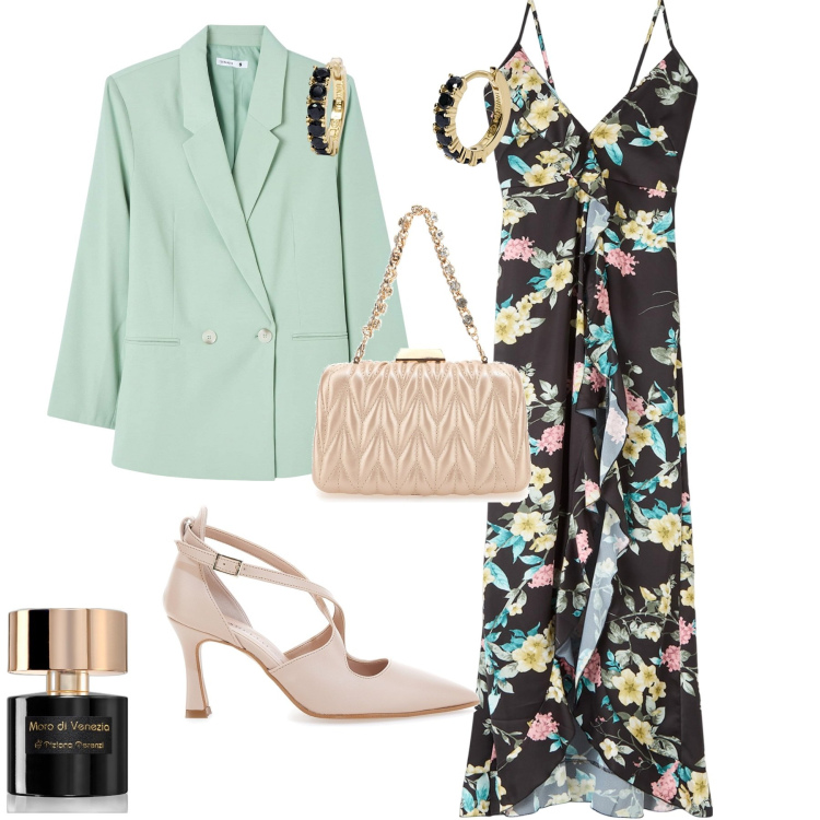 Outfit donna - Chic cerimonia di sera, serata, evento. Stile Chic per Cerimonia. Abbinamento con profumi, vestiti lunghi, blazer, orecchini, décolleté, pochette.