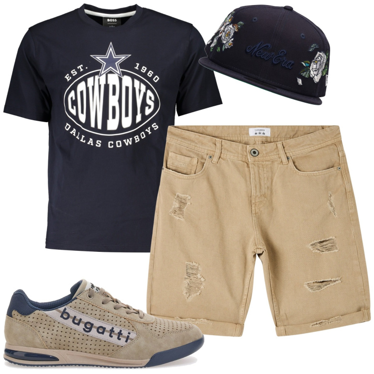 Outfit uomo - City. Stile Casual per Tutti i giorni. Abbinamento con bermuda, t-shirt, sneakers, cappelli.