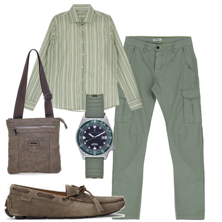 Outfit uomo - Total look #1867905. Stile Trendy per Tutti i giorni. Abbinamento con orologi, pantaloni cargo, camicie, scarpe stringate, portafogli.